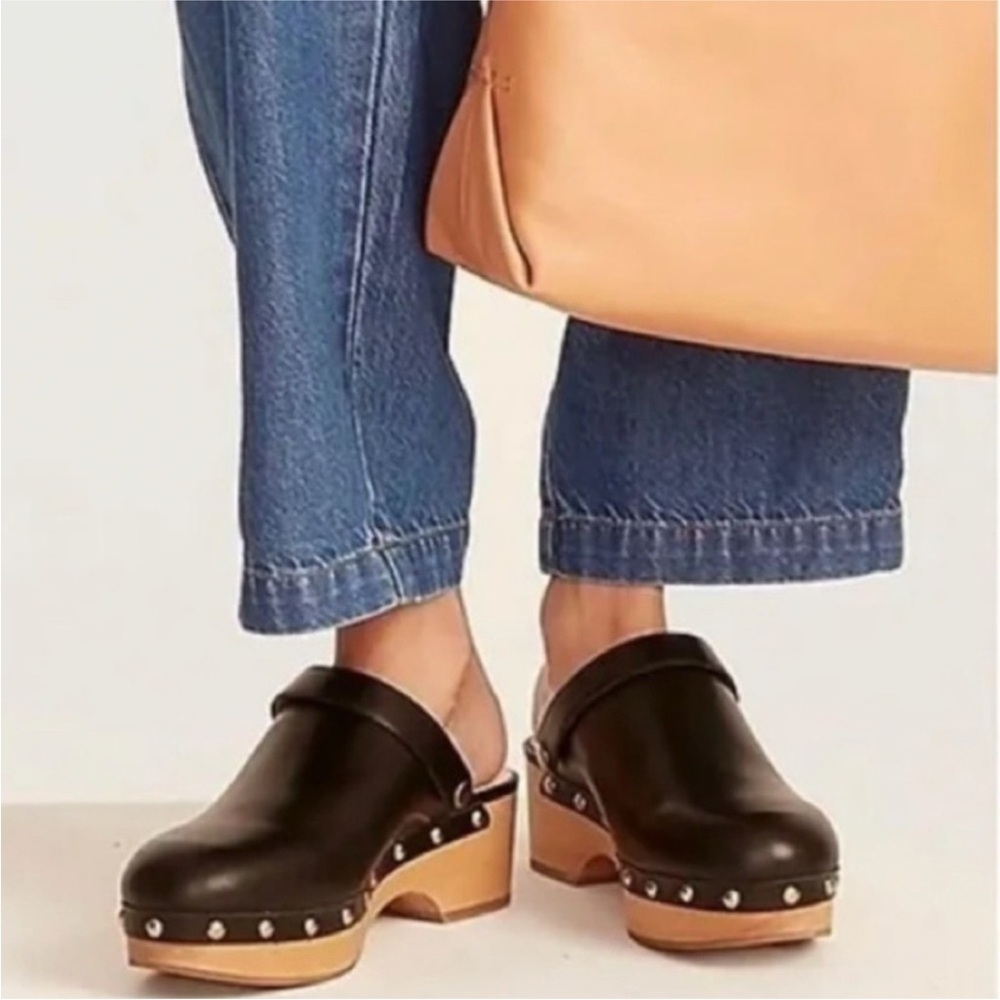 J. Crew Black Leather Clogs with Gold Studs Size 10